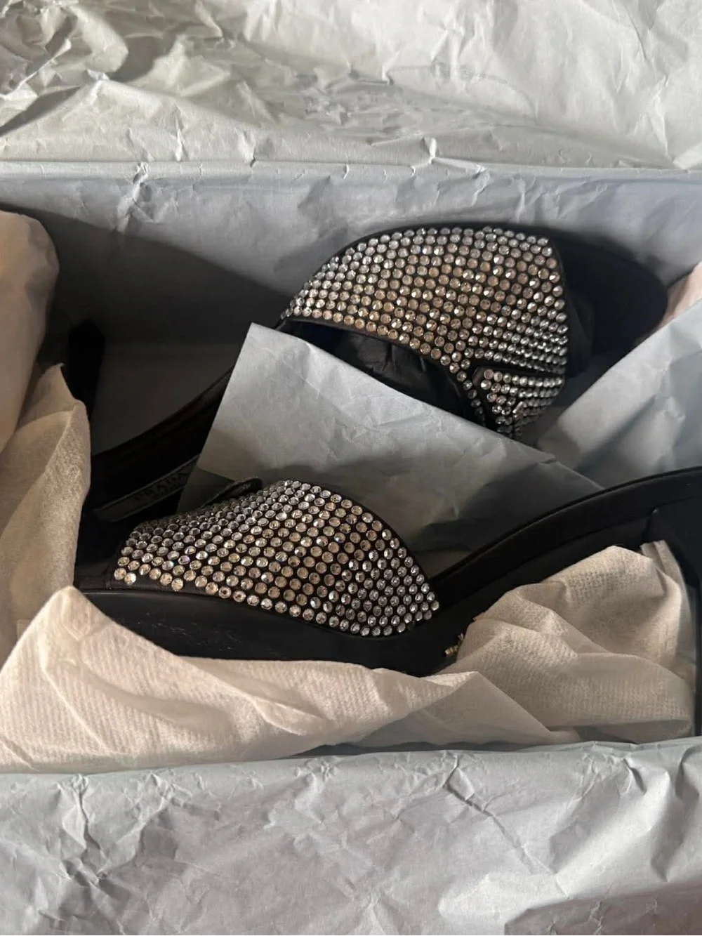Prada SATIN HEELED SANDALS WITH CRYSTALS - Picture 13 of 15